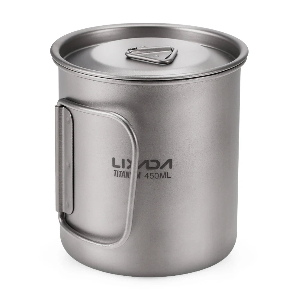Taza de agua ultraligera de titanio Lixada con asa plegable, portátil para exteriores, camping, picnic, 300 ml/350 ml/550 ml/650 ml