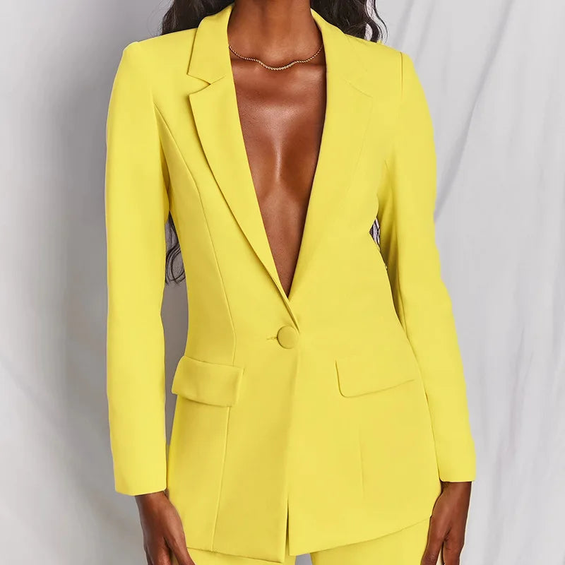 Blazer de color liso para mujer, traje elegante, pantalones rectos ajustados, conjunto de 2 piezas para oficina, otoño e invierno