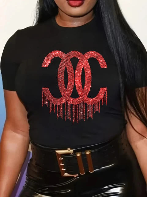 Camiseta de manga curta de lantejoulas feminina, gola O, camiseta solta elástica, plus size, tops grandes, Lady, primavera, verão, moda, 2024