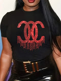 Camiseta de manga curta de lantejoulas feminina, gola O, camiseta solta elástica, plus size, tops grandes, Lady, primavera, verão, moda, 2024
