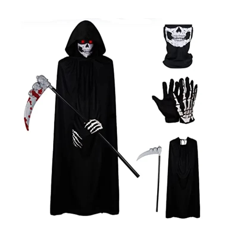 Halloween Death God Play Costume, Kids and Adults Horrible Skeleton Costume, Black Ghost Robe and Sickle, Enjoy Game Party