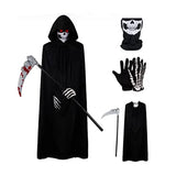 Halloween Death God Play Costume, Kids and Adults Horrible Skeleton Costume, Black Ghost Robe and Sickle, Enjoy Game Party