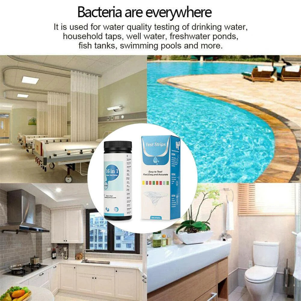 Kit de prueba de agua potable 16 en 1: tiras reactivas para la calidad del agua en el hogar, piscinas, spas, nitratos, nitrito, pH y dureza.