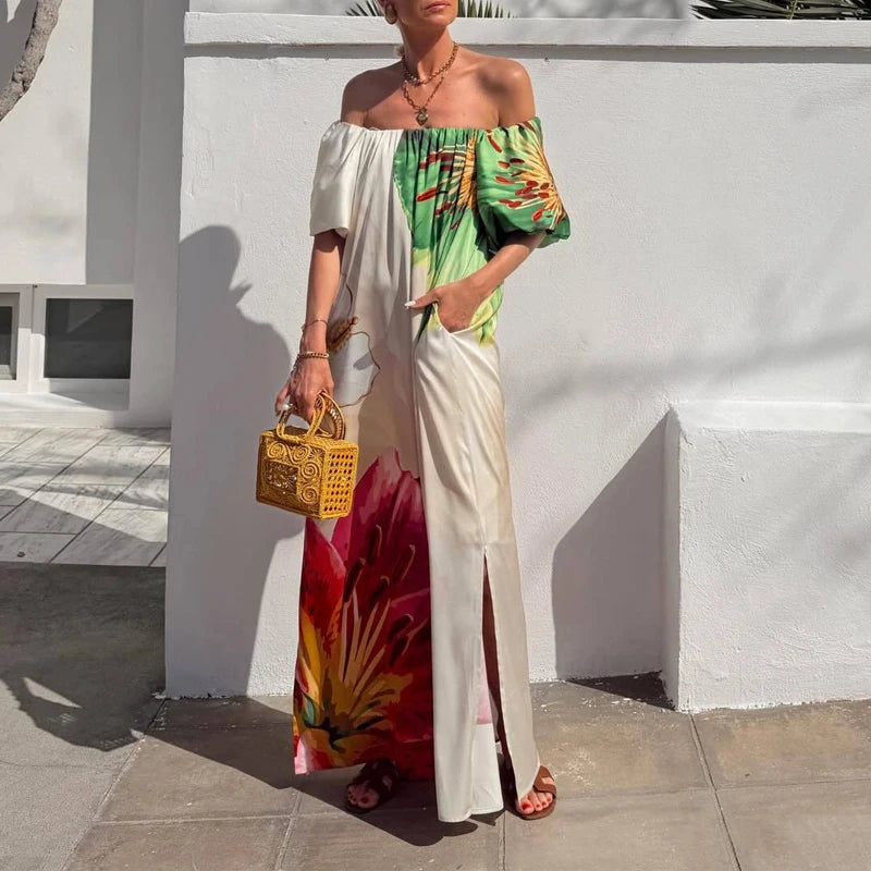 Bohemian Sexy Off-Shoulder Loose Holiday Dress for Women, Sexy Slash Neck Hollow Long Dresses, Summer Print Puff Sleeve Backless Dress