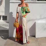 Bohemian Sexy Off-Shoulder Loose Holiday Dress for Women, Sexy Slash Neck Hollow Long Dresses, Summer Print Puff Sleeve Backless Dress