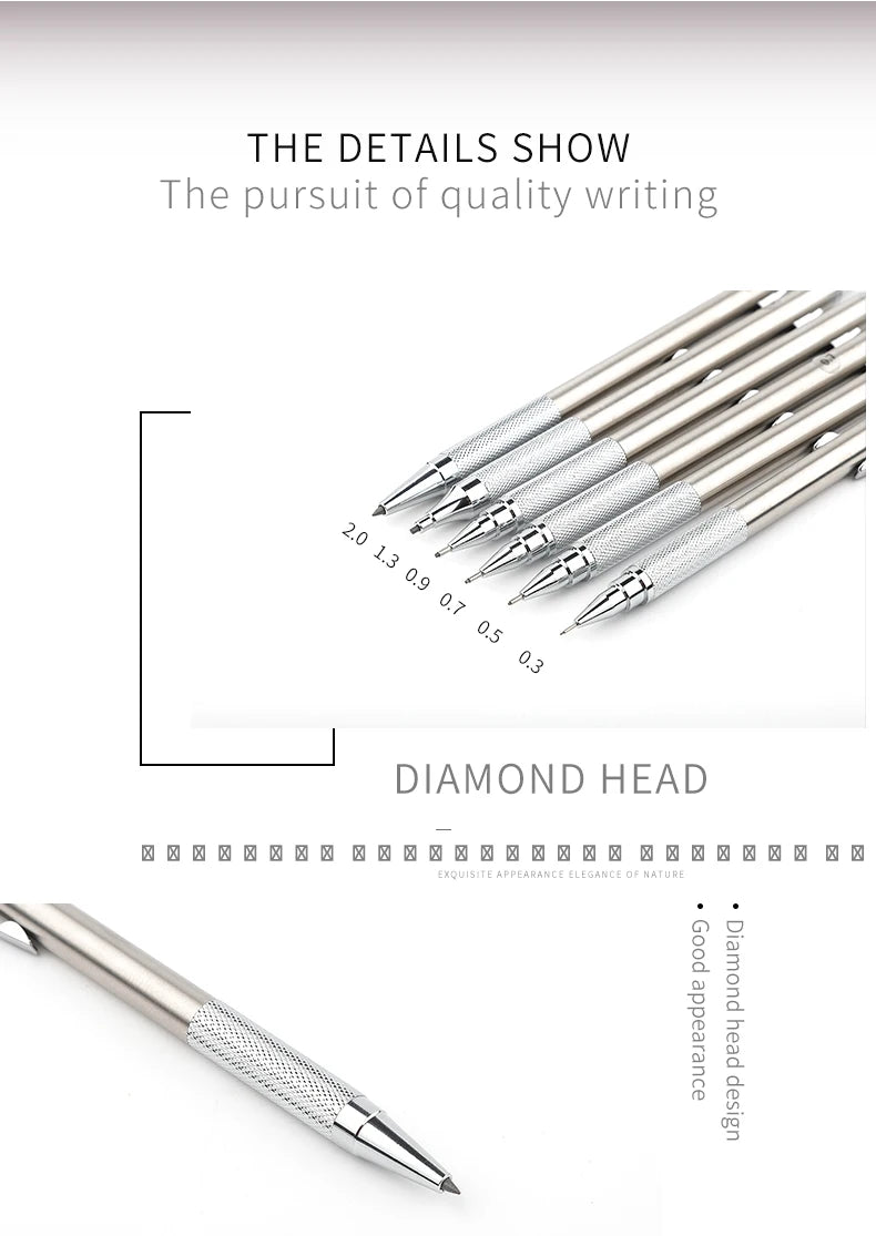 Mechanical Pencil Set 0.3 0.5 0.7 0.9 1.3 2.0mm Full Metal Art Drawing Painting Automatic Pencil with Leads Office School Supply