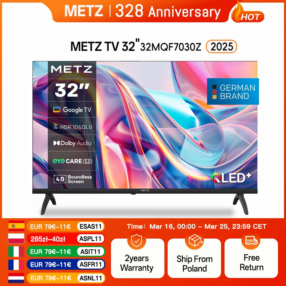 Metz QLED TV 32 "40" Inch Smart LED Television Google Tele HDR 10 Dolby Audio Bluetooth 5.1 EyeCare Tuner 2025 32MQF7030Z