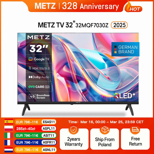 Metz QLED TV 32 "40" Inch Smart LED Television Google Tele HDR 10 Dolby Audio Bluetooth 5.1 EyeCare Tuner 2025 32MQF7030Z