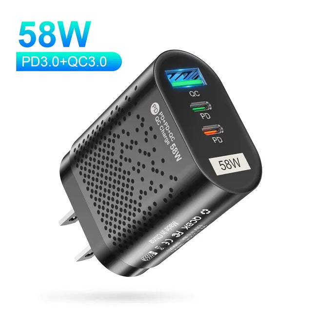 USLION-USB C Travel Fast Charging Charger, Tablet, Laptop, PD, Quick Charge 3.0, Wall Phone Adapter, iPhone 15, Xiaomi, 58W