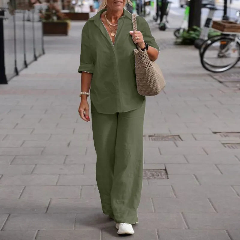 New Women's Plus Size Casual Linen Lapel Long-sleeved Shirt Suit Summer Solid Color Trousers Wide-leg Pants Two-piece Set