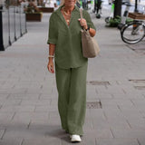 New Women's Plus Size Casual Linen Lapel Long-sleeved Shirt Suit Summer Solid Color Trousers Wide-leg Pants Two-piece Set