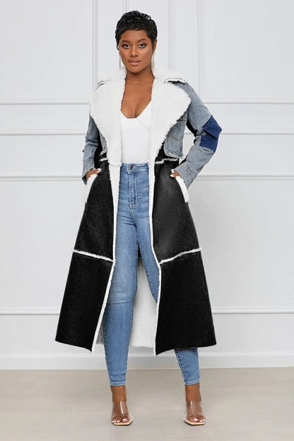 Women's Jackets Plus Size Turn-down Collar Temperament Patchwork Denim Lace Up Waist Long Sleeve Overcoat Woolen Coat Female