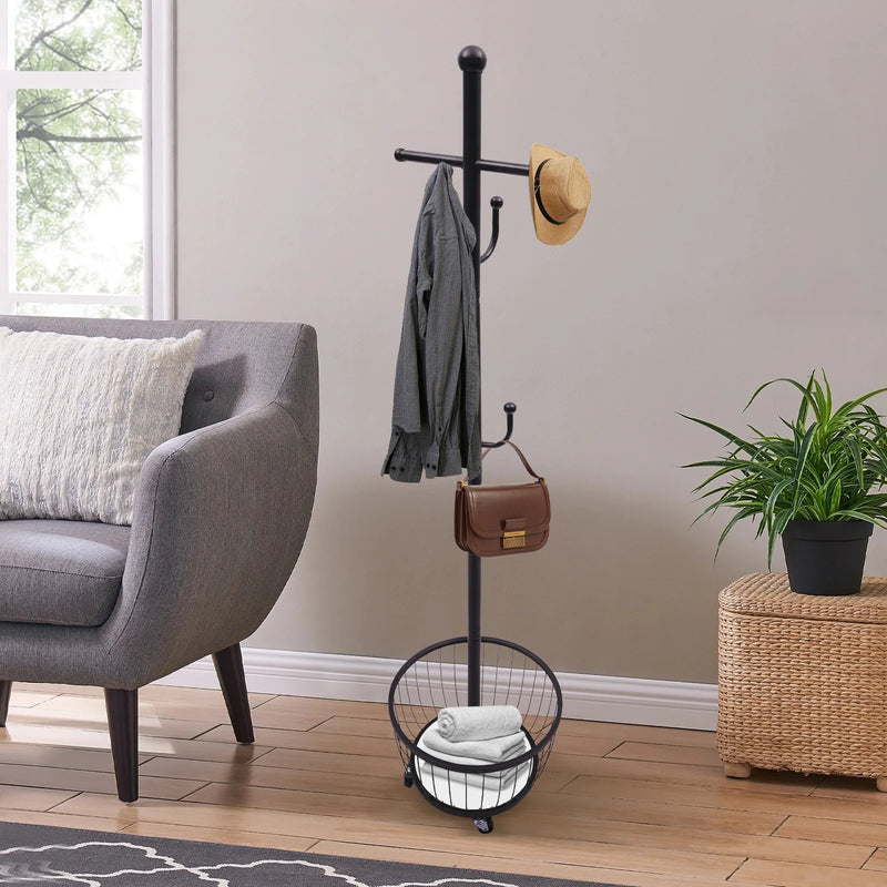 Perchero organizador de pie para abrigos y sombreros con rueda móvil, perchero para entrada con cesta de almacenamiento, herramientas elegantes para el hogar