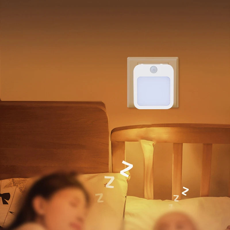 Luz nocturna con sensor de movimiento y luz LED, enchufe europeo, luz nocturna inalámbrica para niños, mesita de noche y dormitorio.