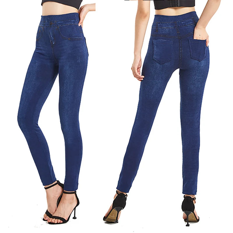 Visnxgi elástico cor sólida plus size jeggings moda jeans falsos feminino apertado sem costura bolso leggings calças lápis macias