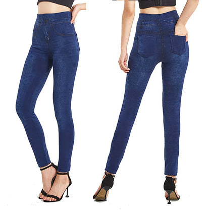 Visnxgi elástico cor sólida plus size jeggings moda jeans falsos feminino apertado sem costura bolso leggings calças lápis macias