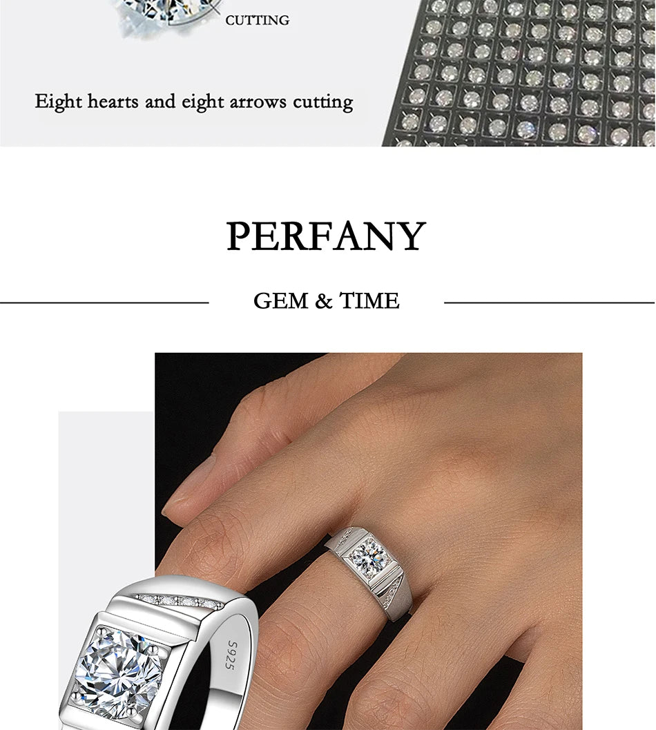 PERFANY 1/2CT Moissanite Ring for Men S925 Pure Silver Sparkling Diamond Domineering Wedding Ring Luxury Wedding Jewelry Gift