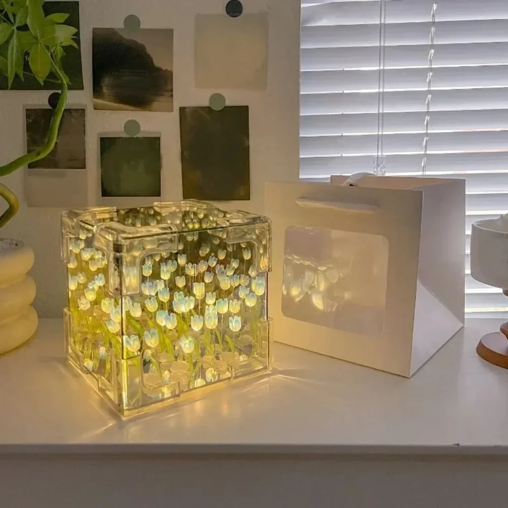 2025 DIY Tulip Sea Rubik's Cube Mirror Night Light Car Decoration Materials Handmade Birthday Gifts for Friends and Colleagues