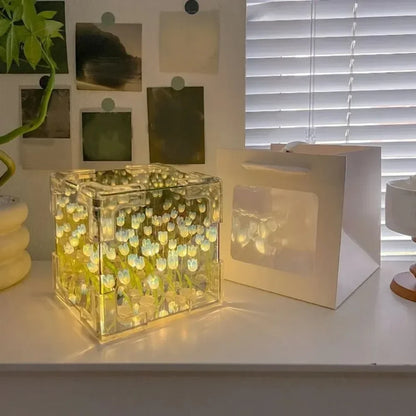 2025 DIY Tulip Sea Rubik's Cube Mirror Night Light Car Decoration Materials Handmade Birthday Gifts for Friends and Colleagues