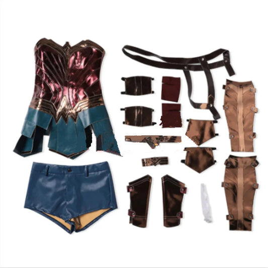 Anime Wonder Cos Dress Diana Cosplay Costume Adult Brown Top Faux Leather Corset Shorts +Girl Accessories Halloween Outfit