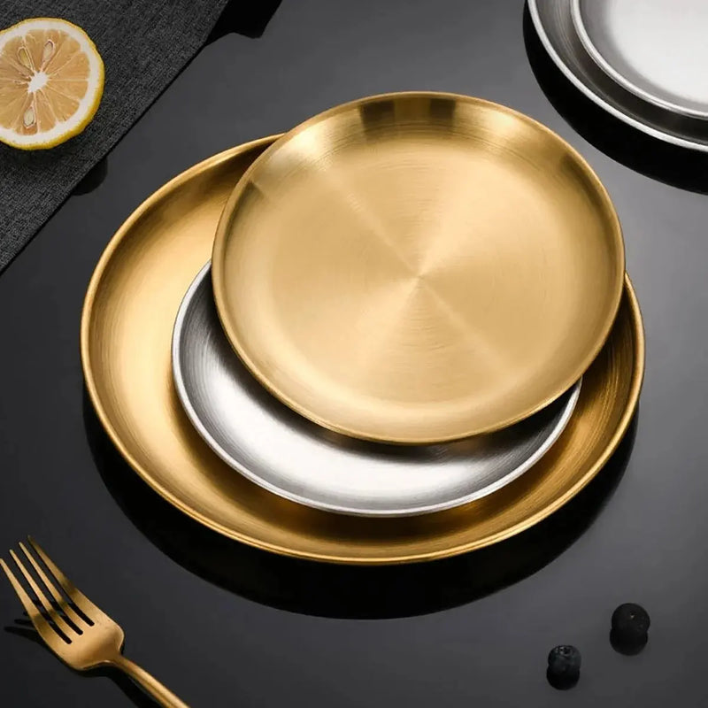 4Pcs Stainless Steel Round Plate Bone Spitting Dish Shallow Tray Metal Camping Plate Dining Disc BBQ Picnic Dishes Cookware