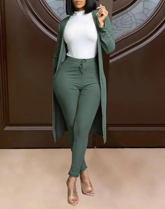 Two Piece Sets Womens Outfits Plain Ribbed Long Sleeve Open Front Coat &amp; Casual Daily Drawstring Pants Set 2021 New