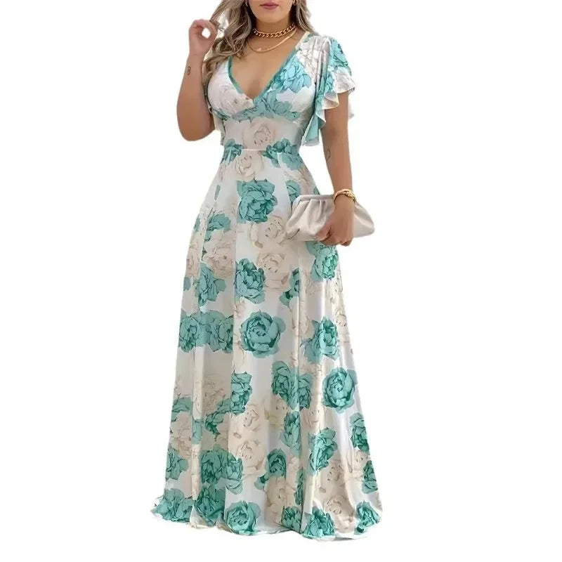 Women's XL-5XL Plus Size Hot Sale V-Neck Elegant Casual Printed Long Dress with Large Hem for Women's Apparel