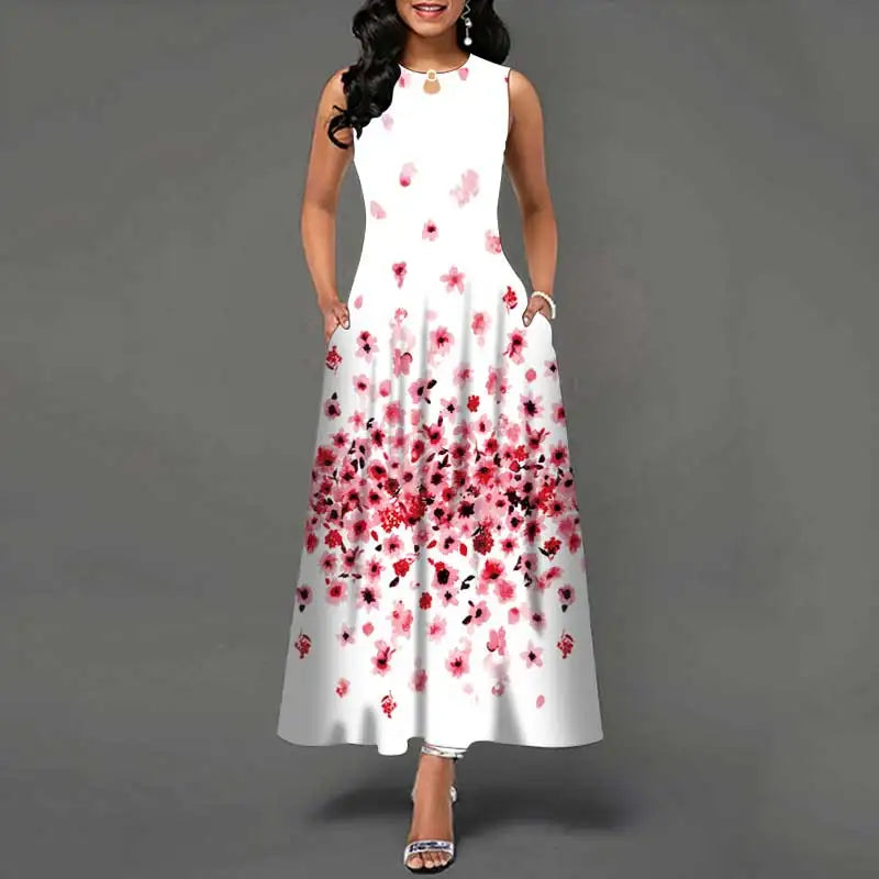 Vestido largo sin mangas europeo y americano de verano para mujer, falda larga con estampado de flores, falda larga holgada Retro bohemia