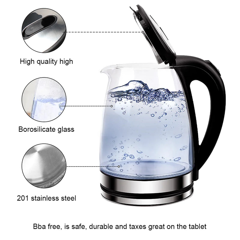 2L Larger Capacity Electric Kettle 220V Glass Tea Kettle Home Kitchen Water Heater 1500-1800W EU/UK Plug Water Boiler