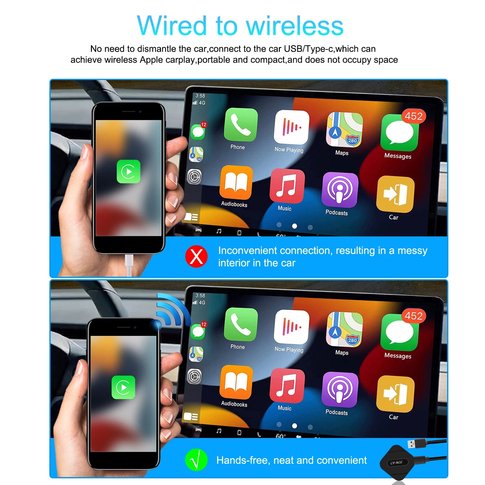 Podofo Wireless Carplay Box Android Auto Box USB AI Box AI Voice GPS Bluetooth Adapter WIFI Carplay Dongle For VW/Audi/Toyota