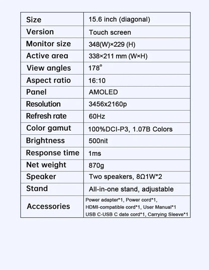 VCHANCE 15.6'' 4K OLED Portable Monitor Touchscreen 16:10 100%DCI-P3 Office Display for Mini PC Laptop Phone XBox Switch Macbook