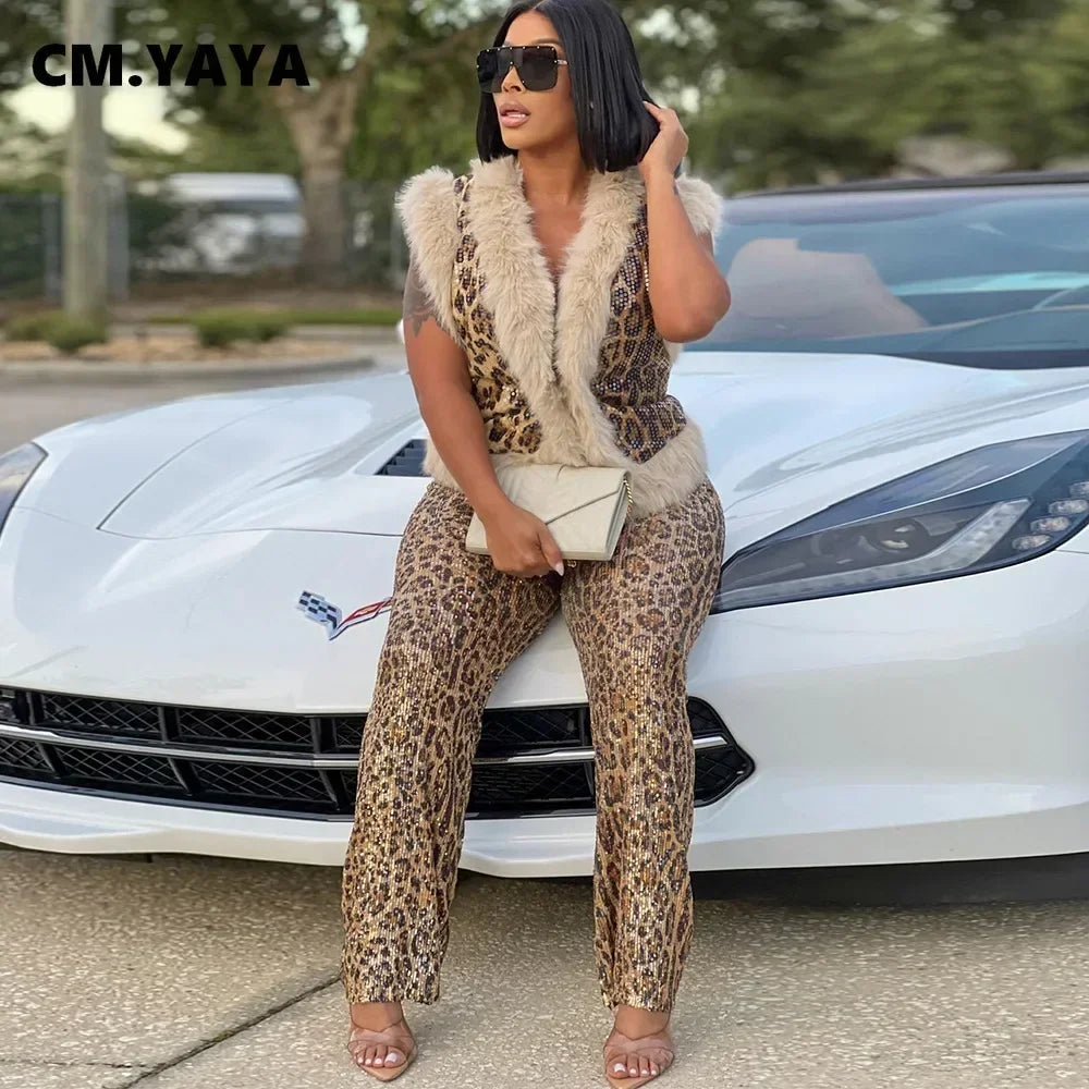 CM.YAYA Conjunto de mujer sin mangas de piel de leopardo con lentejuelas, cuello en V, chaleco de lana y pantalón, conjunto de 2 piezas Street Two 2024, chándal