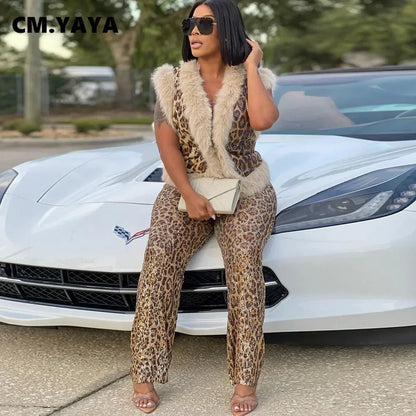 CM.YAYA Conjunto de mujer sin mangas de piel de leopardo con lentejuelas, cuello en V, chaleco de lana y pantalón, conjunto de 2 piezas Street Two 2024, chándal