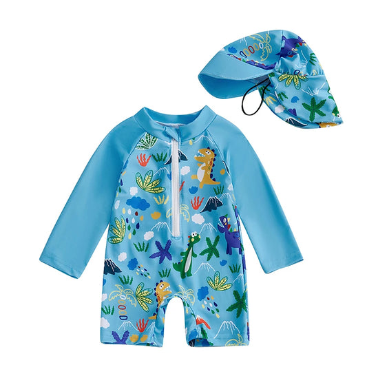 0-5 Years Kids Boy Rash Guard Swimsuits Shark Print Long Sleeve Half Zip-up Bathing Suit with Sun Hat 2 Pcs Swimwear for Toddler