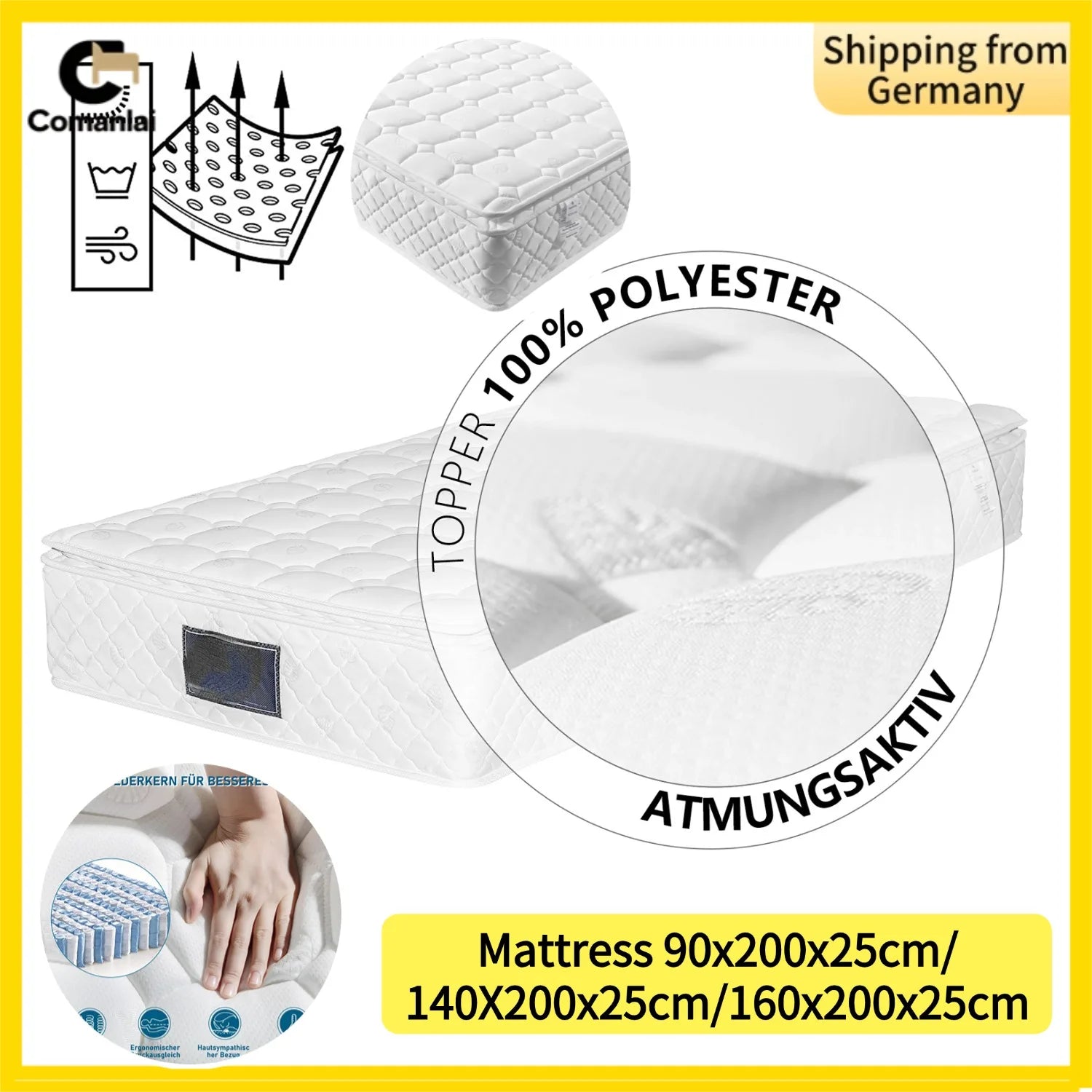 Comanlai Spring Mattress 90x200cm/140x200cm/160x200cm 25cm Height 7 Zones Cold Foam Mattress Microfiber Cover H3 Hardness