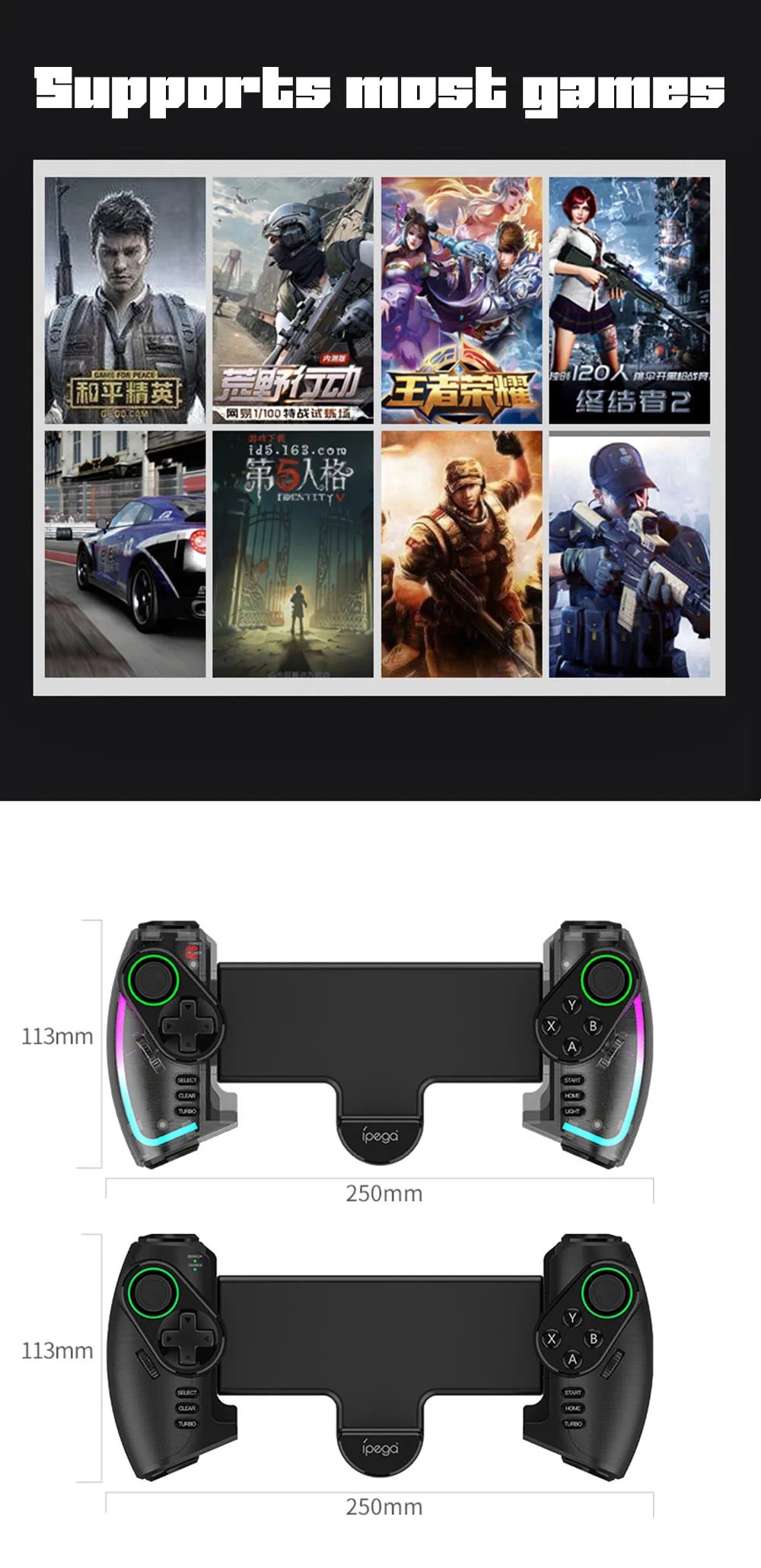 Mando Bluetooth Ipega PG-9777S para Nintendo Switch, Android, iOS, iPad y PC con luz RGB, vibración lineal y control extensible.