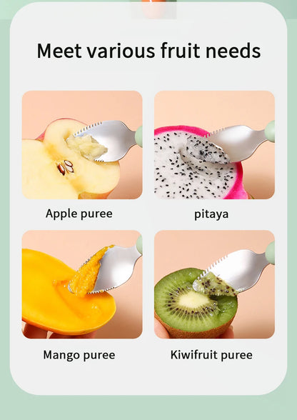 Baby Fruit Scraping Mud Spoon Double Head Silicone Stainless Steel Children Utensil Toddler Infant Food Eating Feeding Tableware