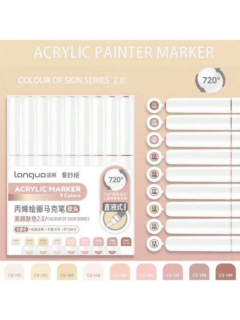 Languo 9pcs/box Soft Brush Acrylic Marker Pen Set，DIY Hand Drawn,Paint Art Markers pens,Student Graffiti Acrylic Paint Pens,M720