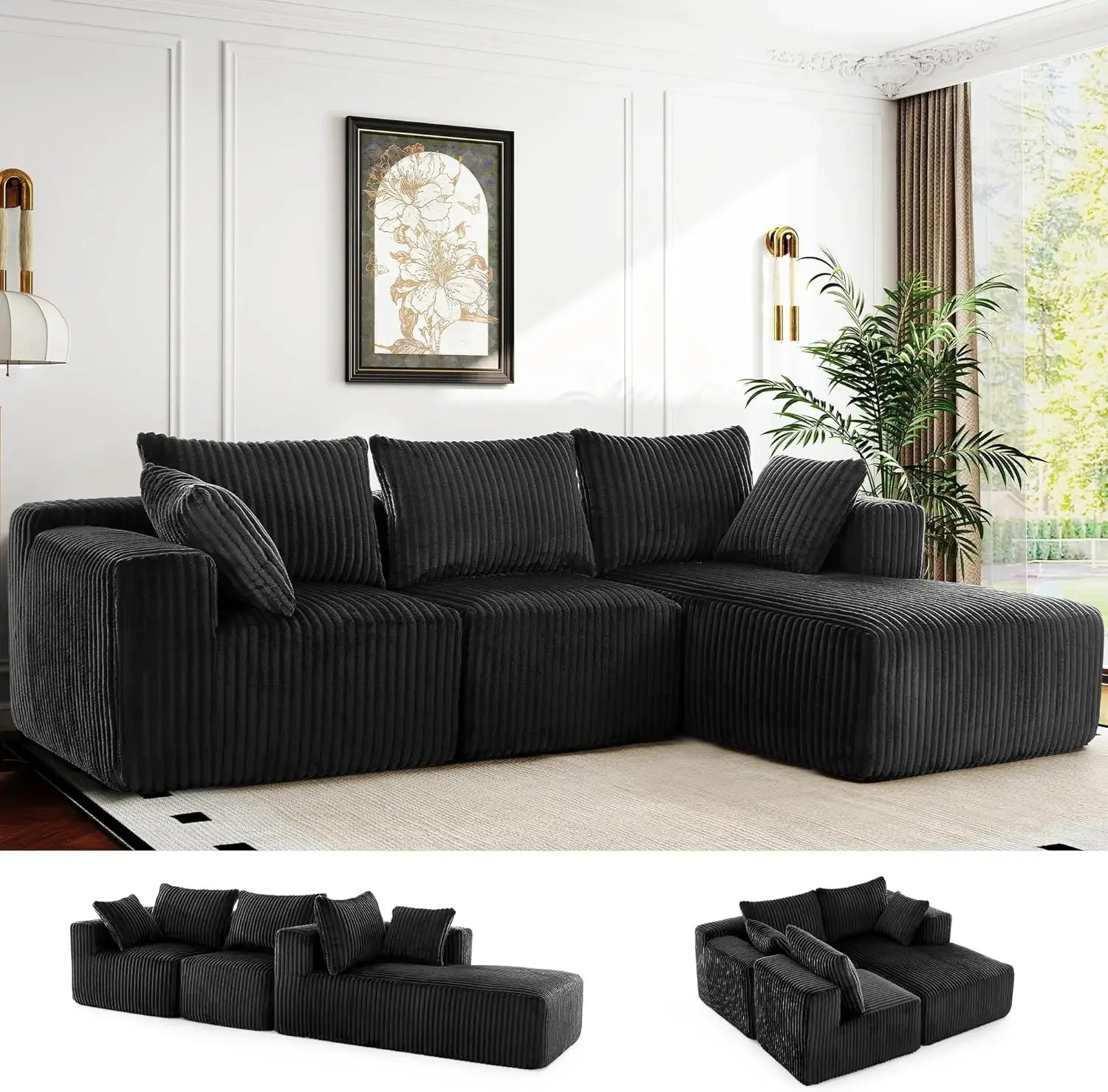 118" Compressed Sofa for Living Room L Shaped Boneless Couch, Modular Sectional Sofa, Sofa Bed Memory Foam Couches with Chaise