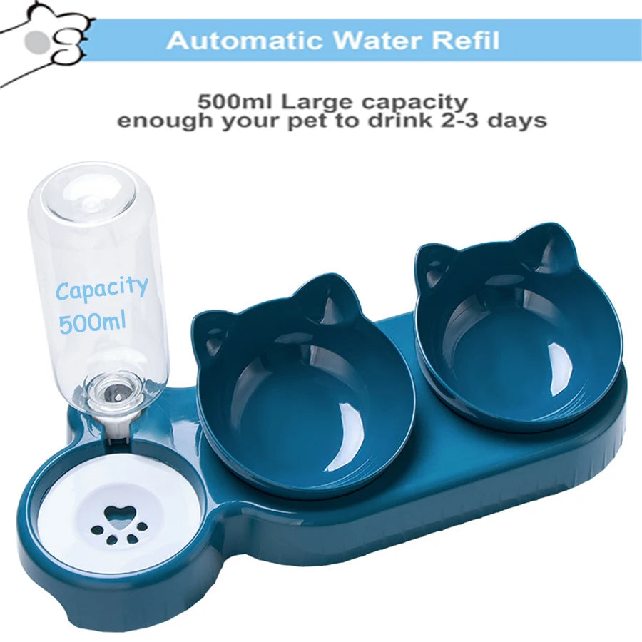 Alimentador triplo para animais de estimação, tigelas duplas 2 em 1 com garrafa automática, design inclinado e giratório para gatos e cães