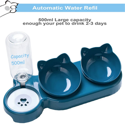 Alimentador triplo para animais de estimação, tigelas duplas 2 em 1 com garrafa automática, design inclinado e giratório para gatos e cães