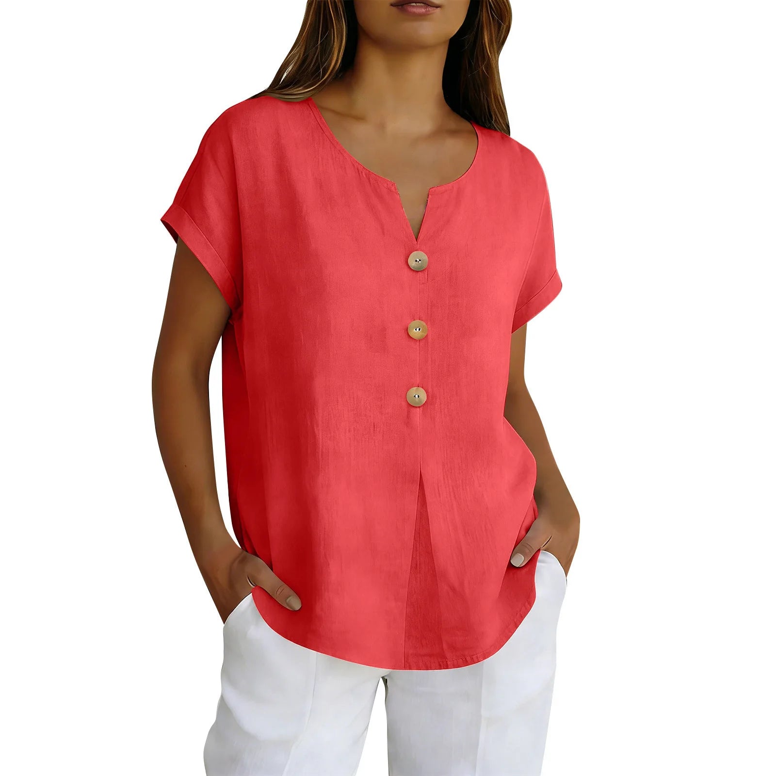 2026 Summer Basic Blouses Women's Shirts Solid Color Casual Short-Sleeve Cotton Linen Fashion Plus Size V-Neck Loose Button Tops