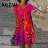 2025 Summer Dresses Women Gradient Painted 3D Print Dress Fashion Plus Size Casual V-Neck Short Sleeve Loose Dress 6XL Clothing