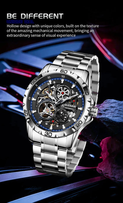 GLENAW Steampunk Skeleton - Reloj para hombre, anillo, relojes mecánicos automáticos de lujo, luminosos, resistentes al agua, correa de acero inoxidable
