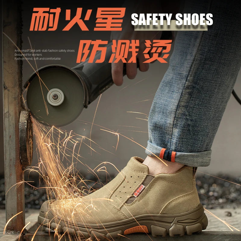 Genuine Leather Cow Suede Safety Work Shoes For Men Composite Head Anti Nail Anti Static Welding Shoes Indestructible Boots