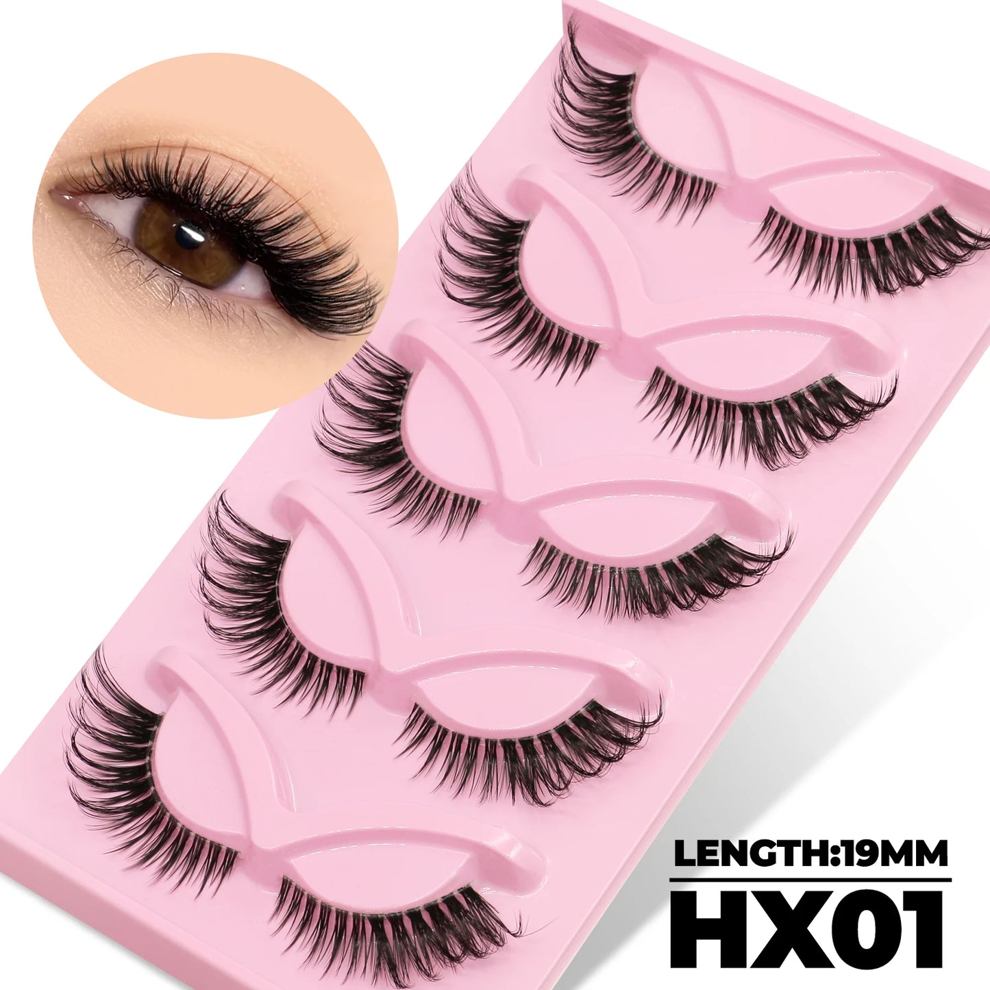 GROINNEYA Cat Eye Lashes 5 Pairs Natural Fake Eyelashes Clear Band Lashes Natural long Winged End Eye Elongated Eyelashes Makeup