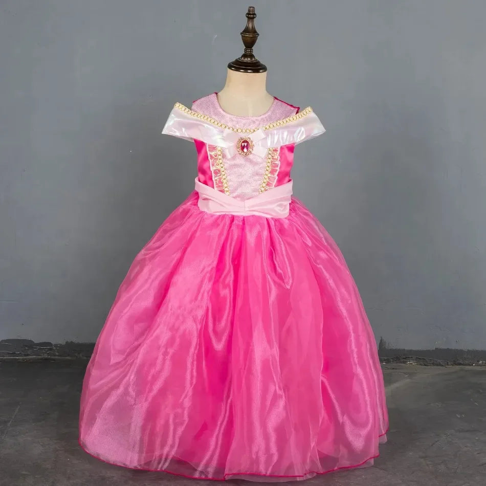 Girl Pink Dress Aurora Cosplay Costume Princess Deluxe Outfit Children Summer Brthday Party Elegant Gown Fairy Disguise Sets