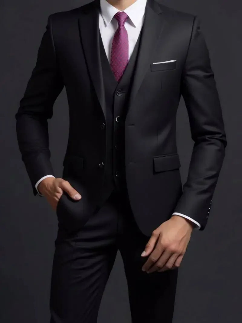 Men's Fashionable Gentleman Business British Style Solid Color Banquet Host Casual Wedding Suit (Blazer + Vest + Trousers)
