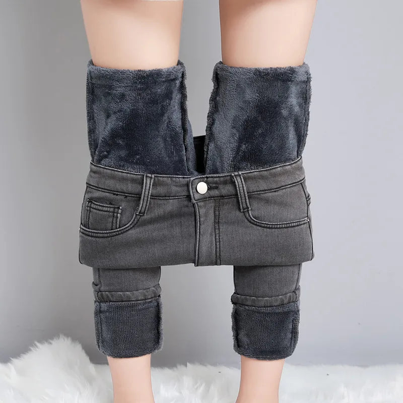 Women's Thermal Jeans Winter Snow Warm Plush Stretch Jeans Lady Skinny Thick Fleece Denim Long Pants Retro Blue Pencil Trousers