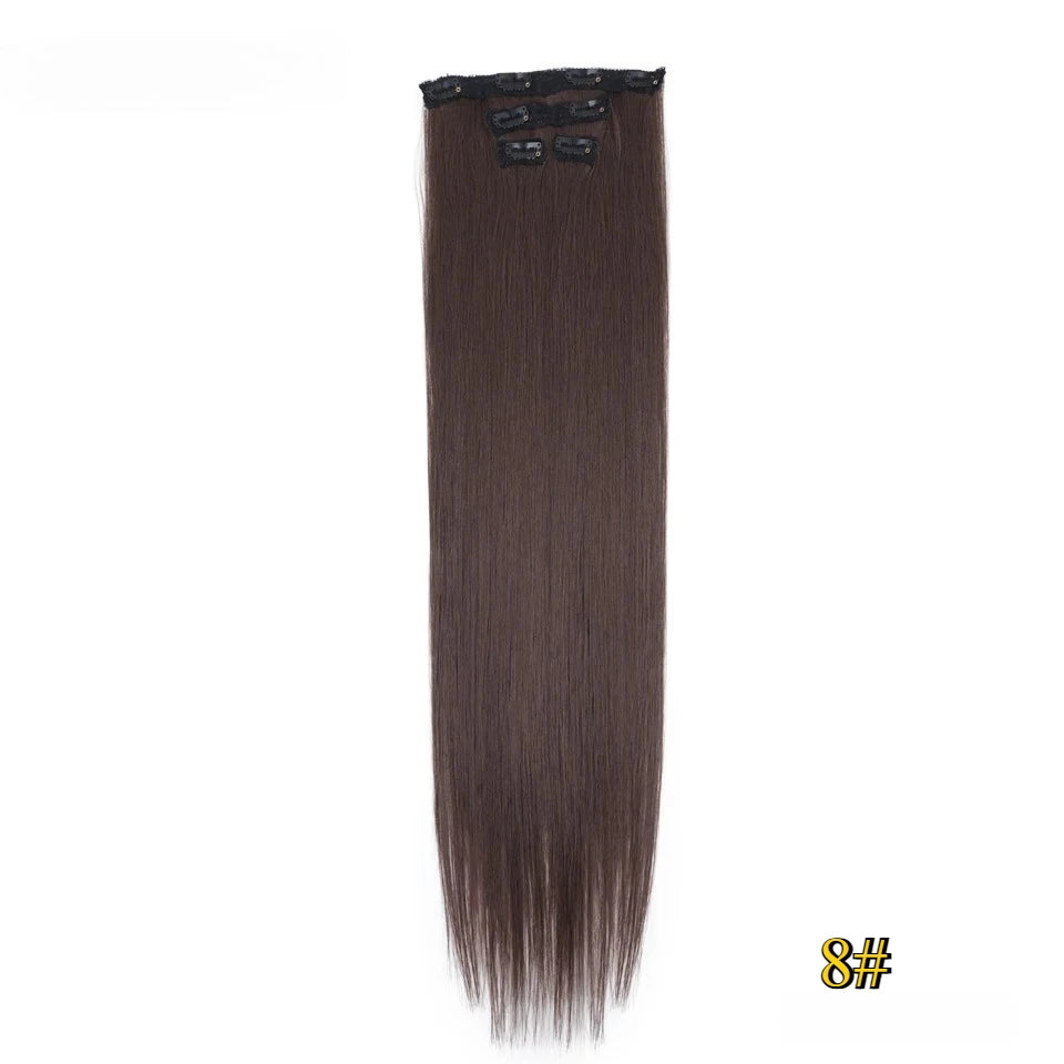 Kit 4 peças extensões de cabelo liso 60cm clip in aplique sintético ombre castanho e louro